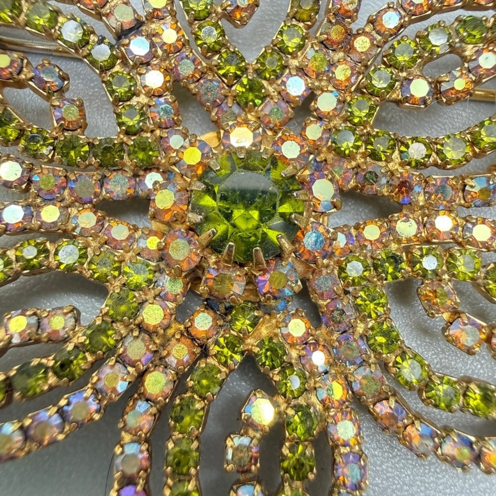 Large Vintage AB Rhinestone Flower Brooch Earrings Set 3" Pink Green MCM Chic - Picture 4 of 16